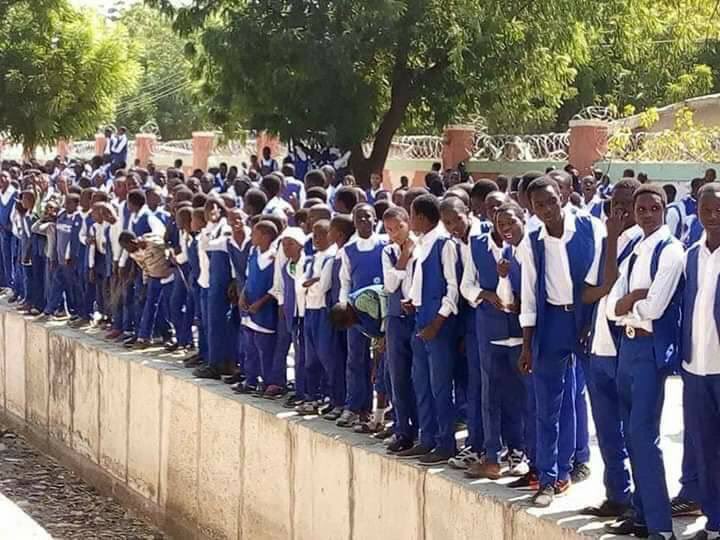 Students of Elkanemi College standing in formation during morning assembly.