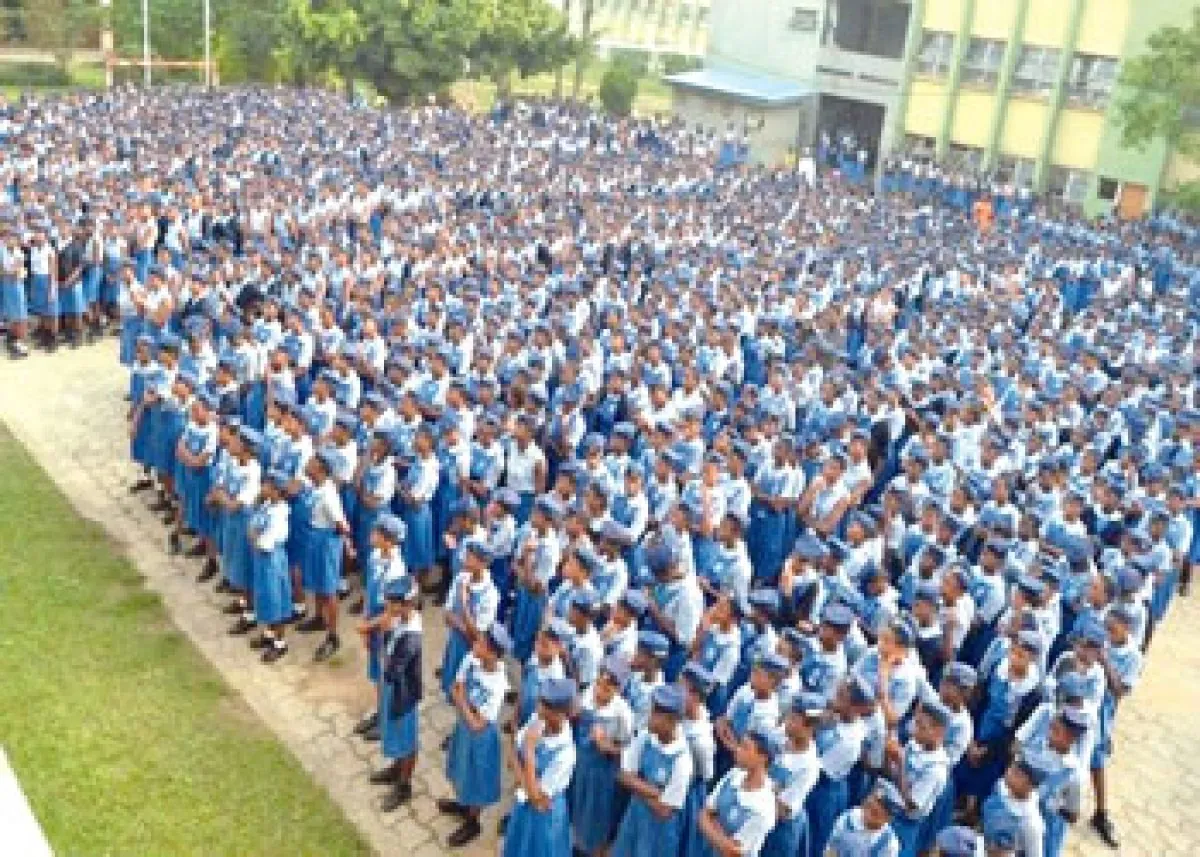 Students in uniform lined up during morning assembly at Belary Schools, Yenagoa