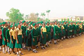 Girls in uniform at St. Louis Grammar School Akure during morning assembly