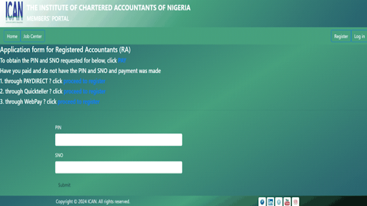 ICAN exam registration dashboard on Nigerian student portal