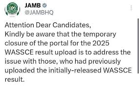 JAMB has officially reactivated the 2025 WAEC Result Upload Portal.