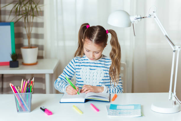 Child using a weekly planner to organize school tasks